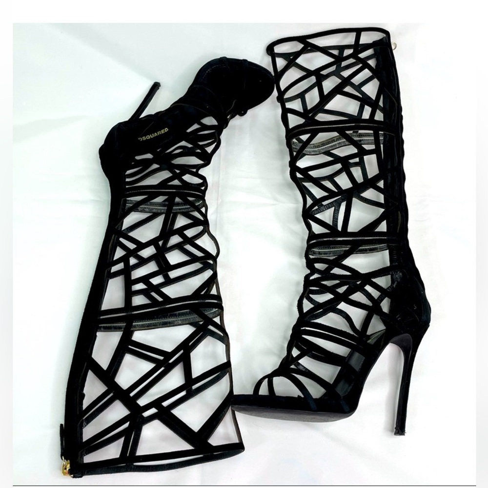 DSQUARED Black Strappy Geometric Knee-High Heeled Boots - Picture 3 of 11